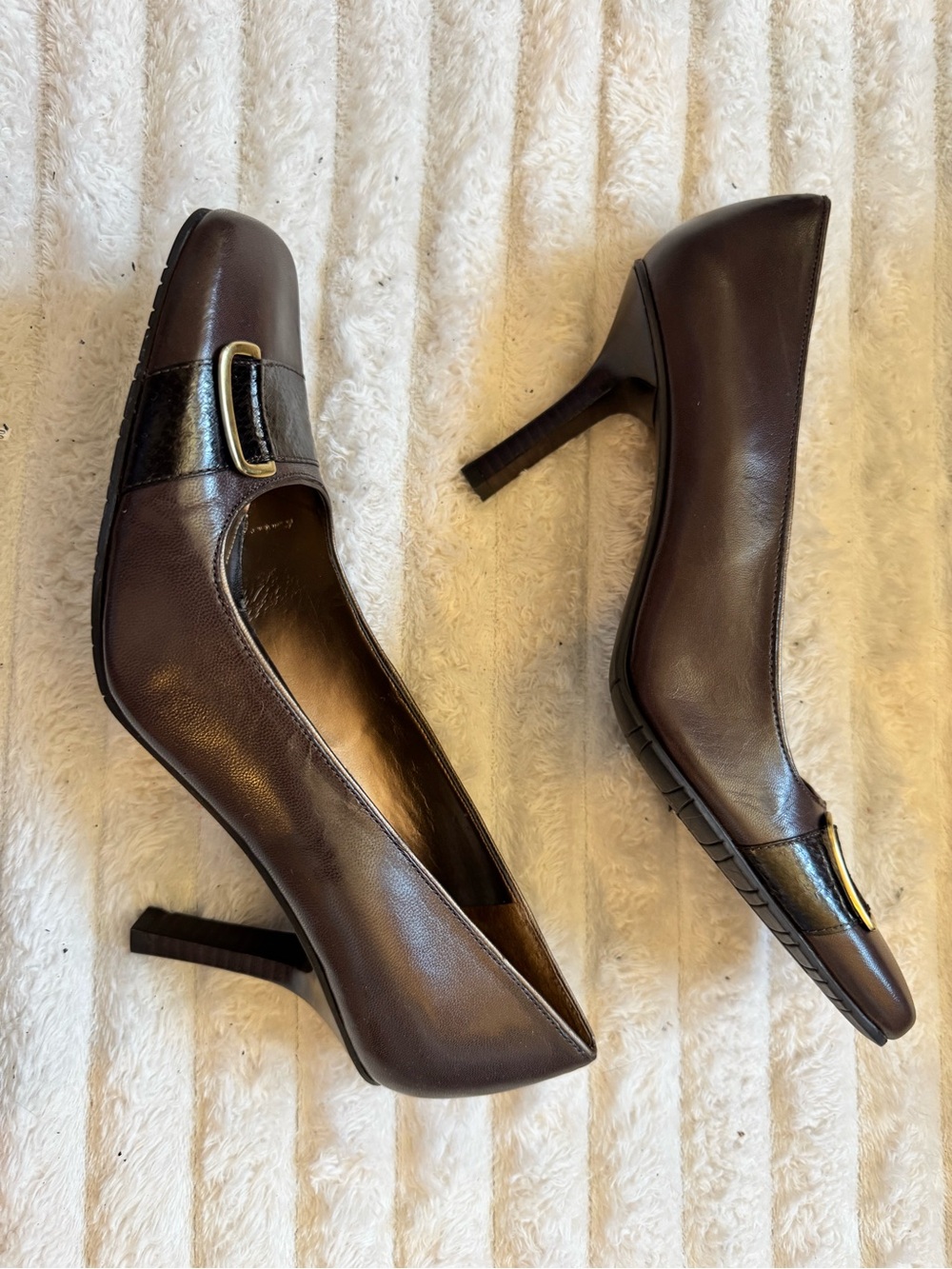 Bandolino Dark Brown Leather Heeled Loafers with Buckle